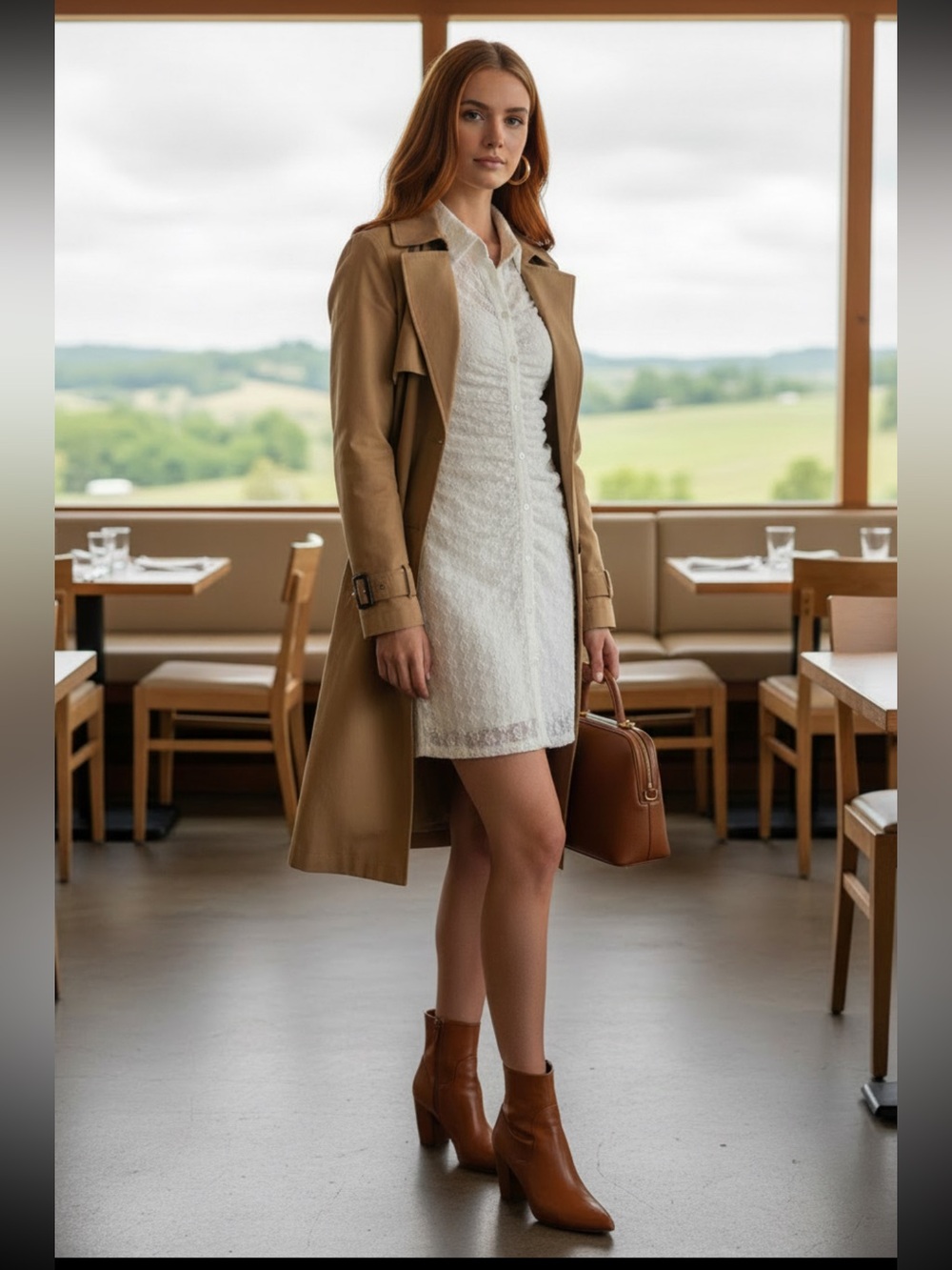 White Lace Shirt Mini Dress with Ruched Front